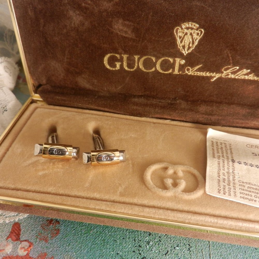 VTG Gucci logo designer cufflinks silver gold Accessory Collection luxury GG